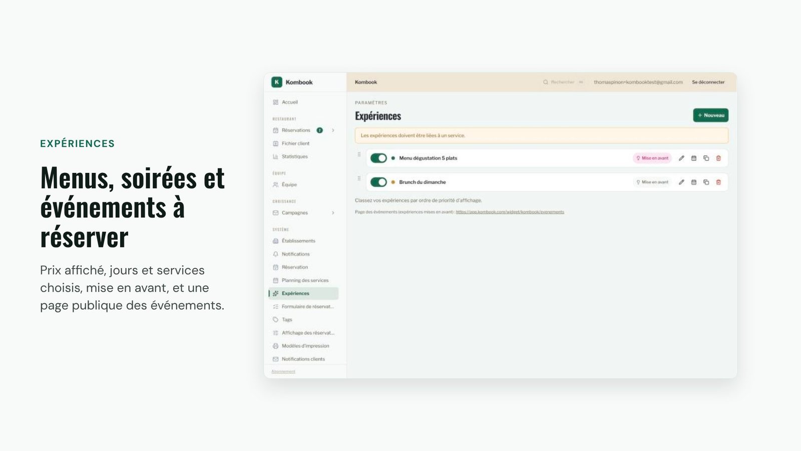 Expériences : menus, soirées et événements à réserver